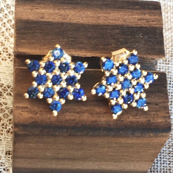 Natural Sapphire Earrings Star Of David 9K Yellow Gold Studs Australian Gems - Picture 15 of 15